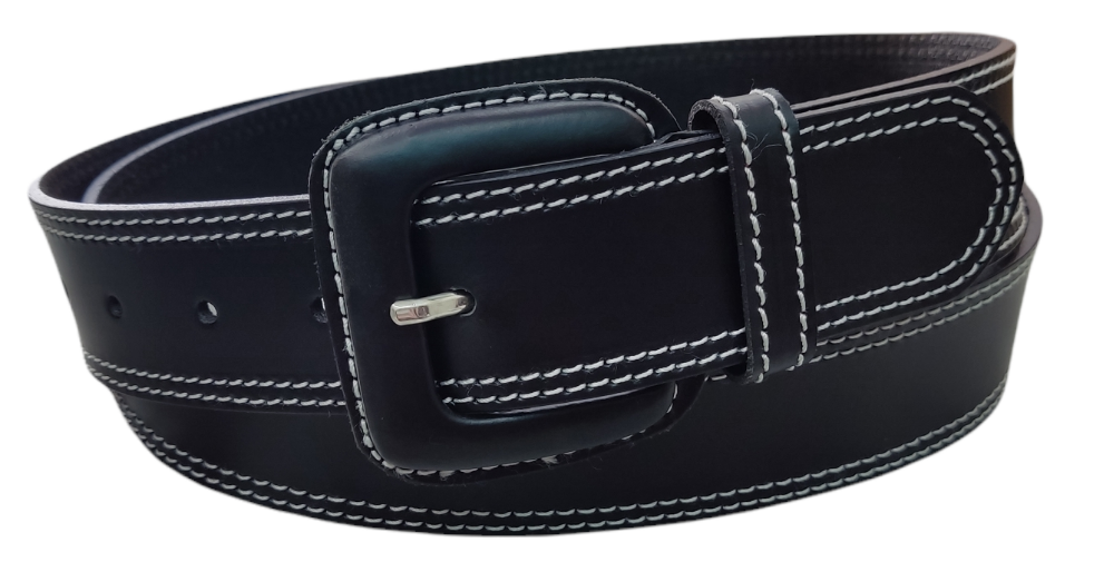 Cinturón piel señora Hebilla forrada con hilo blanco (4 cm)